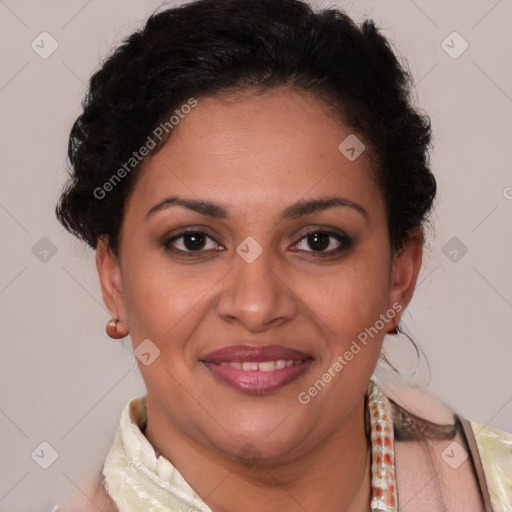 Joyful latino young-adult female with short  brown hair and brown eyes