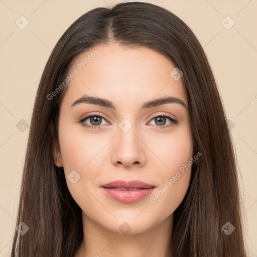 Neutral white young-adult female with long  brown hair and brown eyes