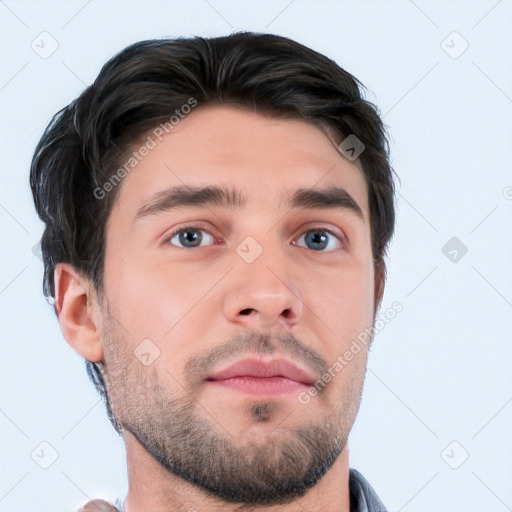 Neutral white young-adult male with short  brown hair and brown eyes