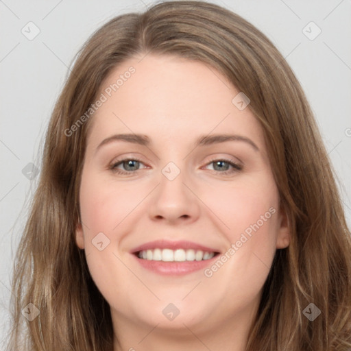 Joyful white young-adult female with long  brown hair and grey eyes