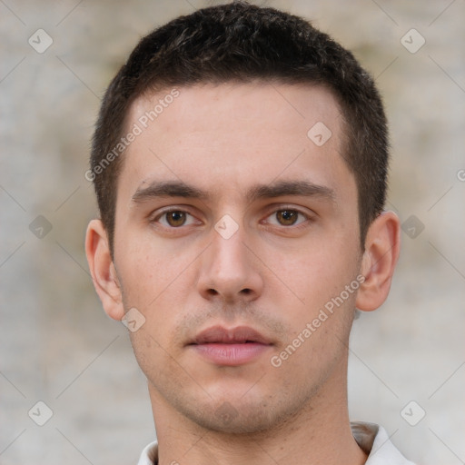 Neutral white young-adult male with short  brown hair and brown eyes