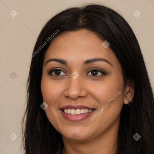 Joyful latino young-adult female with long  brown hair and brown eyes