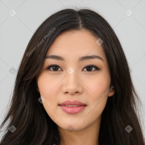 Neutral asian young-adult female with long  brown hair and brown eyes