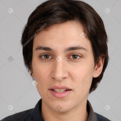 Joyful white young-adult male with medium  brown hair and brown eyes