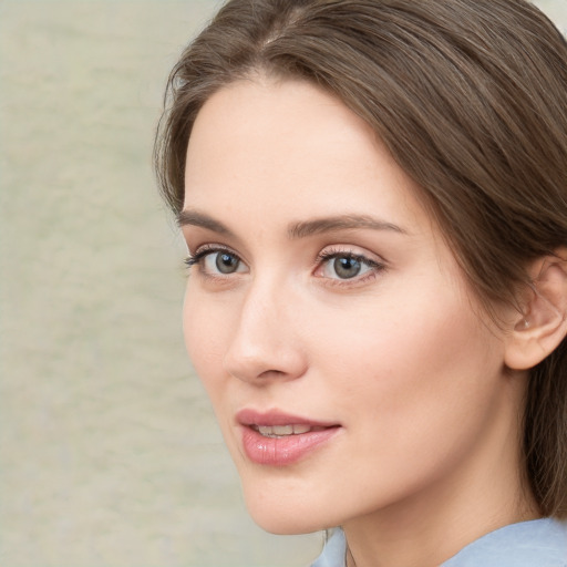 Neutral white young-adult female with medium  brown hair and grey eyes