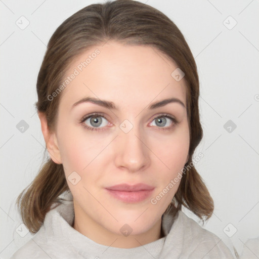 Neutral white young-adult female with medium  brown hair and grey eyes