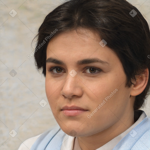 Neutral white young-adult female with medium  brown hair and brown eyes