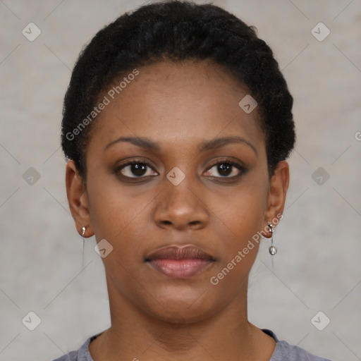 Neutral black young-adult female with short  black hair and brown eyes