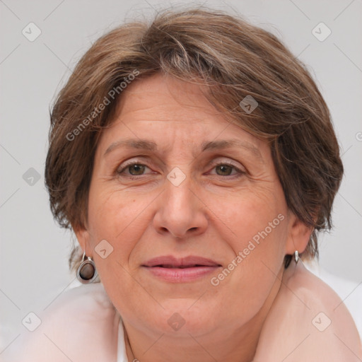 Joyful white adult female with medium  brown hair and brown eyes