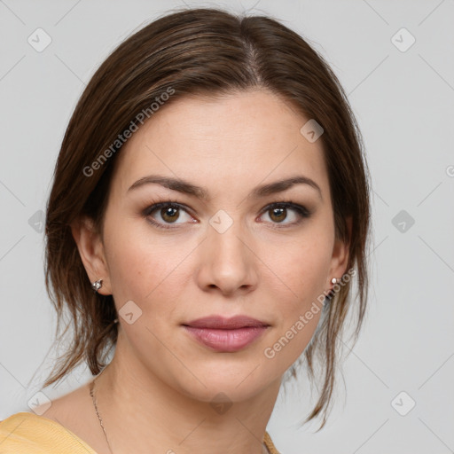 Joyful white young-adult female with medium  brown hair and brown eyes