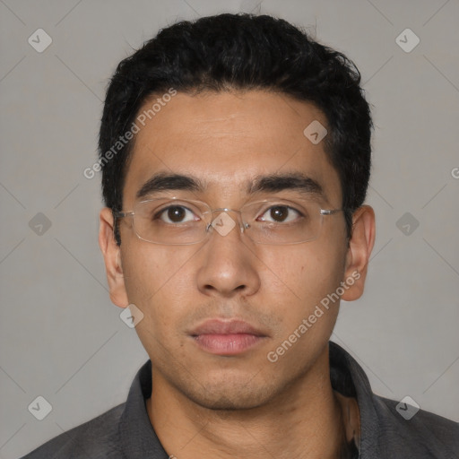 Neutral latino young-adult male with short  black hair and brown eyes