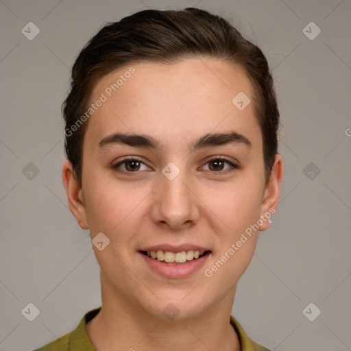 Joyful white young-adult female with short  brown hair and brown eyes