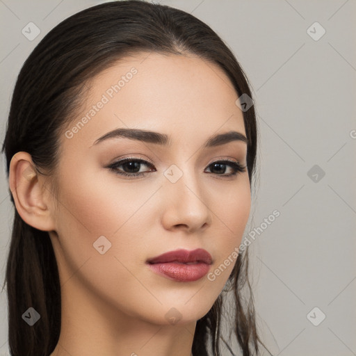 Neutral white young-adult female with long  brown hair and brown eyes