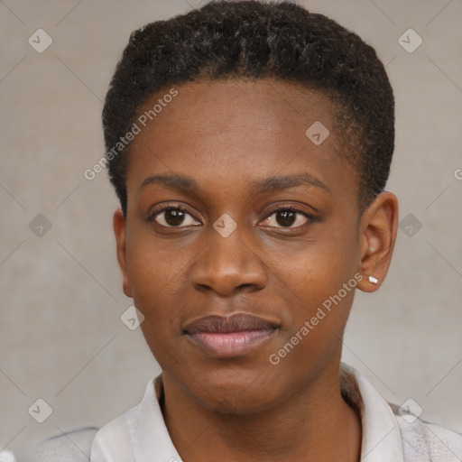 Neutral black young-adult female with short  brown hair and brown eyes