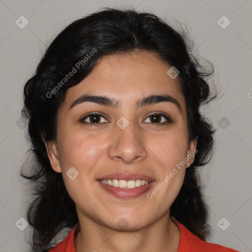 Joyful latino young-adult female with medium  brown hair and brown eyes