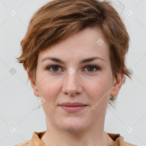 Joyful white young-adult female with medium  brown hair and grey eyes