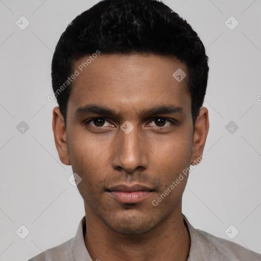 Neutral latino young-adult male with short  black hair and brown eyes