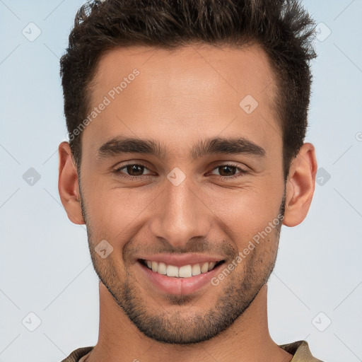 Joyful white young-adult male with short  brown hair and brown eyes