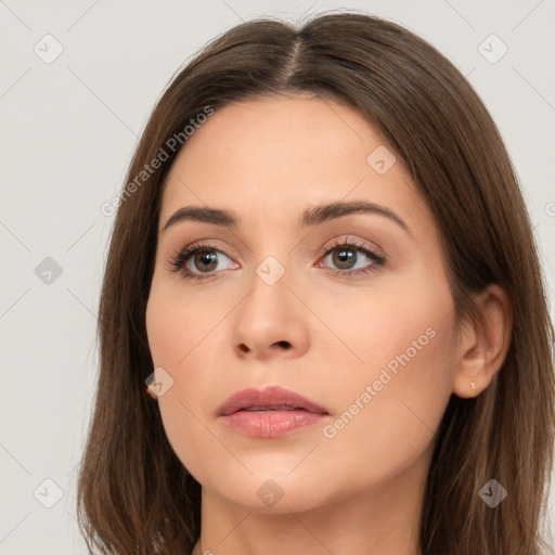 Neutral white young-adult female with long  brown hair and brown eyes