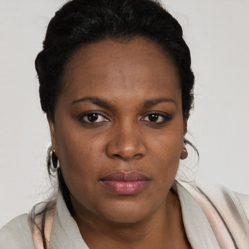 Neutral black young-adult female with short  black hair and brown eyes