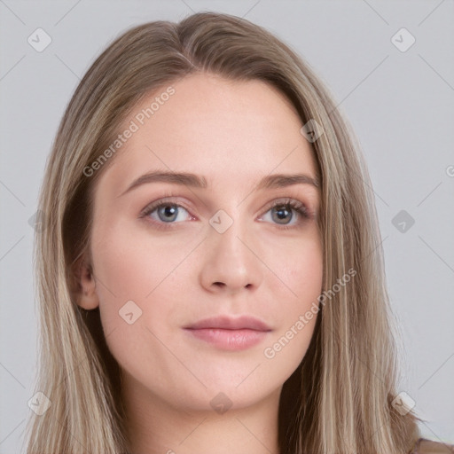 Neutral white young-adult female with long  brown hair and grey eyes