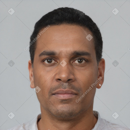 Neutral black young-adult male with short  black hair and brown eyes