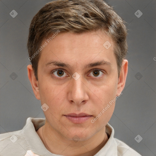 Neutral white young-adult male with short  brown hair and brown eyes