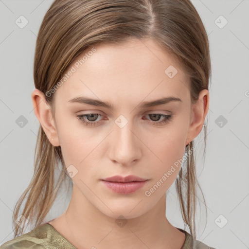 Neutral white young-adult female with medium  brown hair and brown eyes