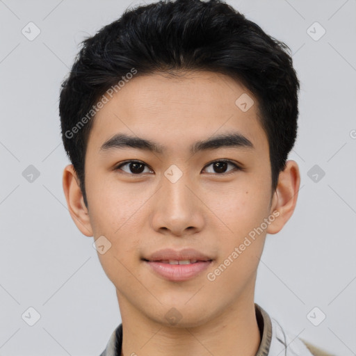 Neutral asian young-adult male with short  black hair and brown eyes