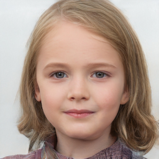 Neutral white child female with medium  brown hair and blue eyes