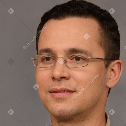 Joyful white adult male with short  brown hair and brown eyes