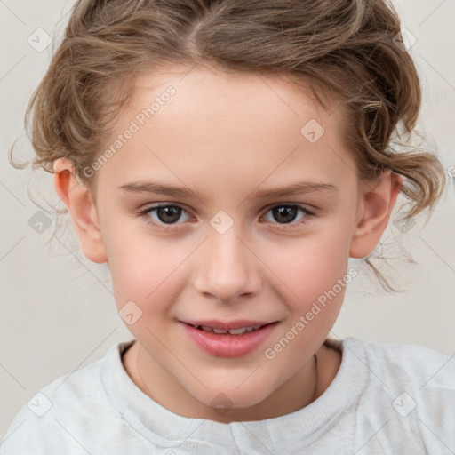 Joyful white child female with medium  brown hair and brown eyes