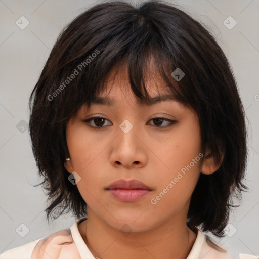 Neutral asian young-adult female with medium  brown hair and brown eyes