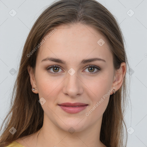 Joyful white young-adult female with long  brown hair and grey eyes