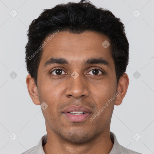 Neutral latino young-adult male with short  black hair and brown eyes