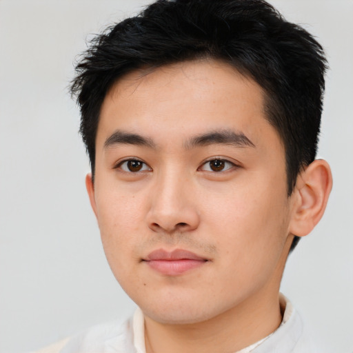 Neutral asian young-adult male with short  black hair and brown eyes