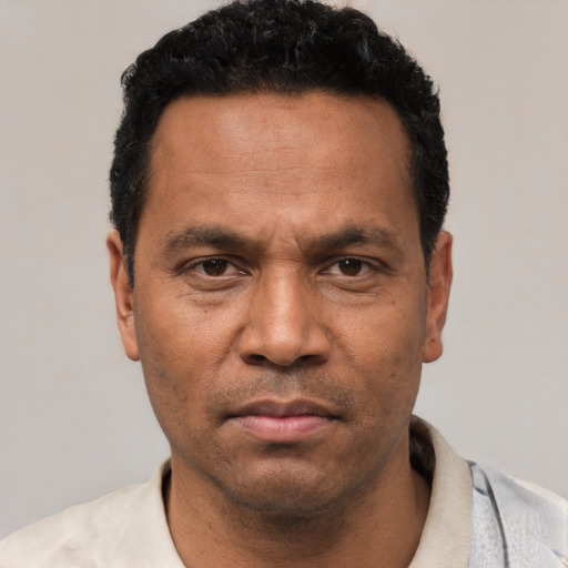 Neutral latino adult male with short  black hair and brown eyes