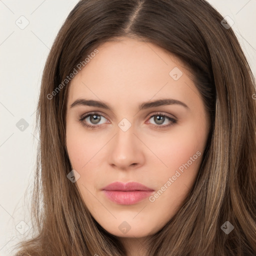 Neutral white young-adult female with long  brown hair and brown eyes