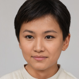 Joyful asian young-adult female with short  brown hair and brown eyes