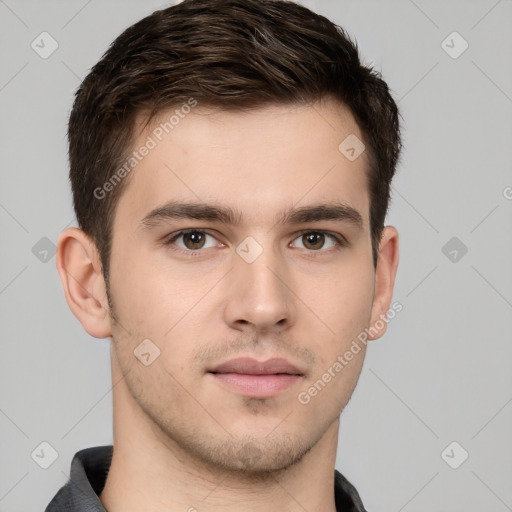 Neutral white young-adult male with short  brown hair and brown eyes