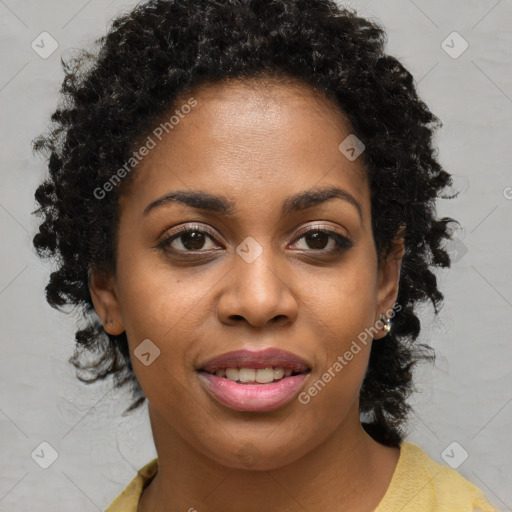 Joyful black young-adult female with medium  brown hair and brown eyes