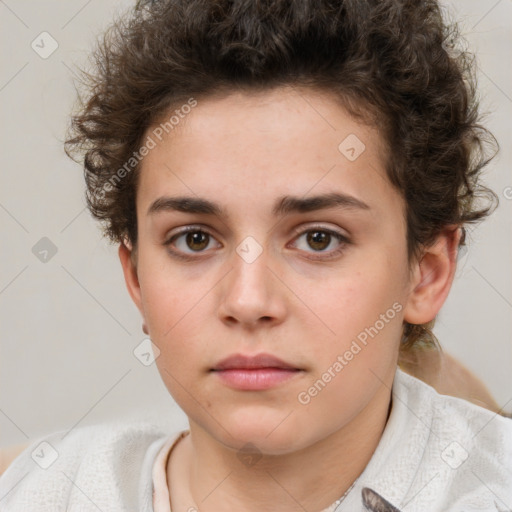 Neutral white young-adult female with short  brown hair and brown eyes