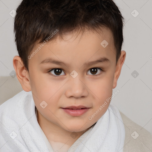 Joyful white child male with short  brown hair and brown eyes