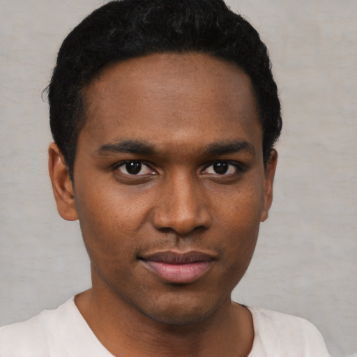 Neutral black young-adult male with short  black hair and brown eyes
