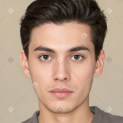 Neutral white young-adult male with short  brown hair and brown eyes