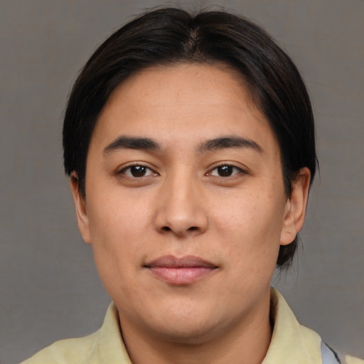 Neutral asian young-adult male with short  brown hair and brown eyes