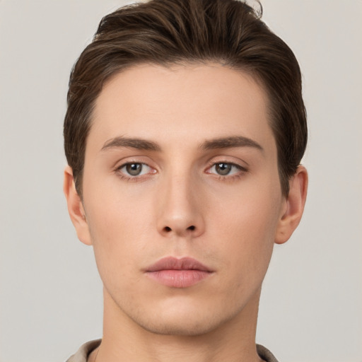 Neutral white young-adult male with short  brown hair and brown eyes