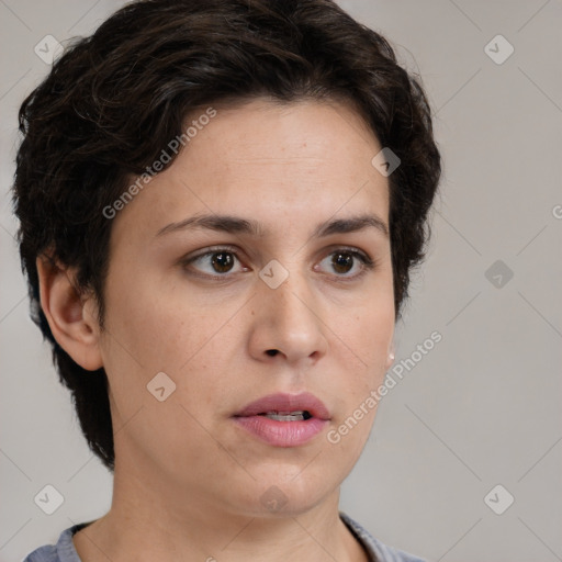 Neutral white young-adult female with short  brown hair and brown eyes