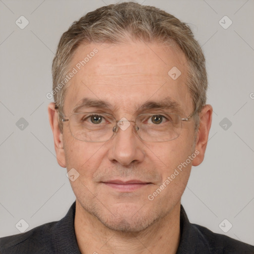 Joyful white middle-aged male with short  brown hair and brown eyes