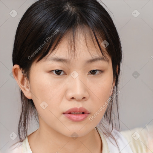 Neutral asian young-adult female with medium  brown hair and brown eyes